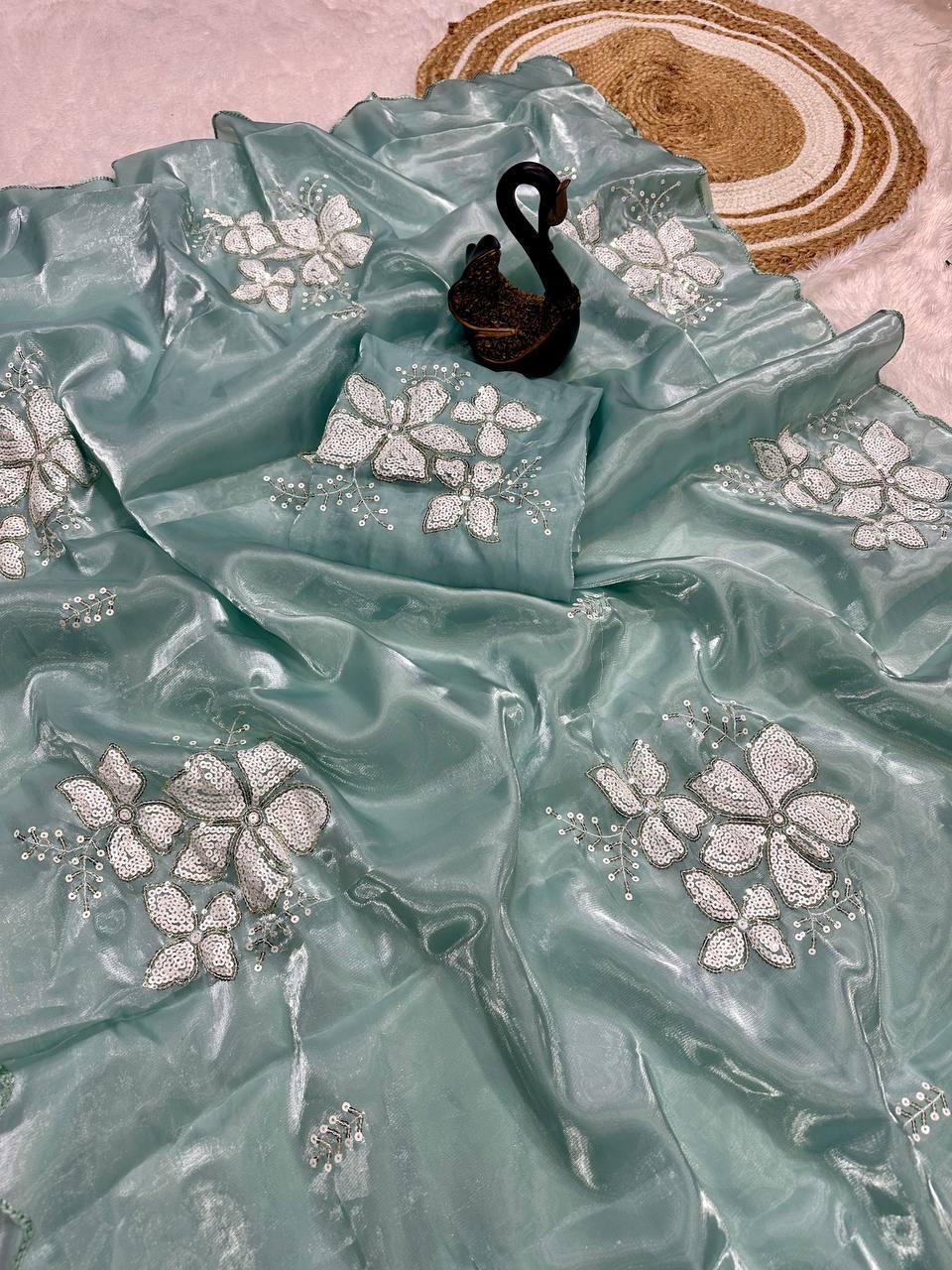 Gratifying Sky Sequence Work Jimmy Choo Silk Saree With Redolent Blouse Piece