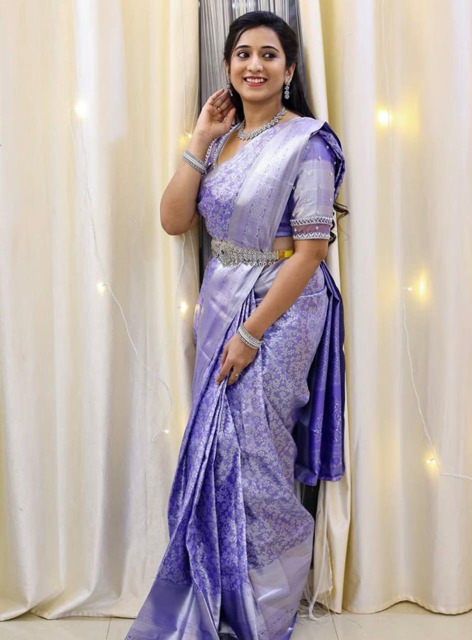 Pleasant Lavender Soft Silk Saree With Ethnic Blouse Piece