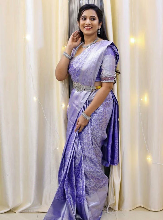 Pleasant Lavender Soft Silk Saree With Ethnic Blouse Piece