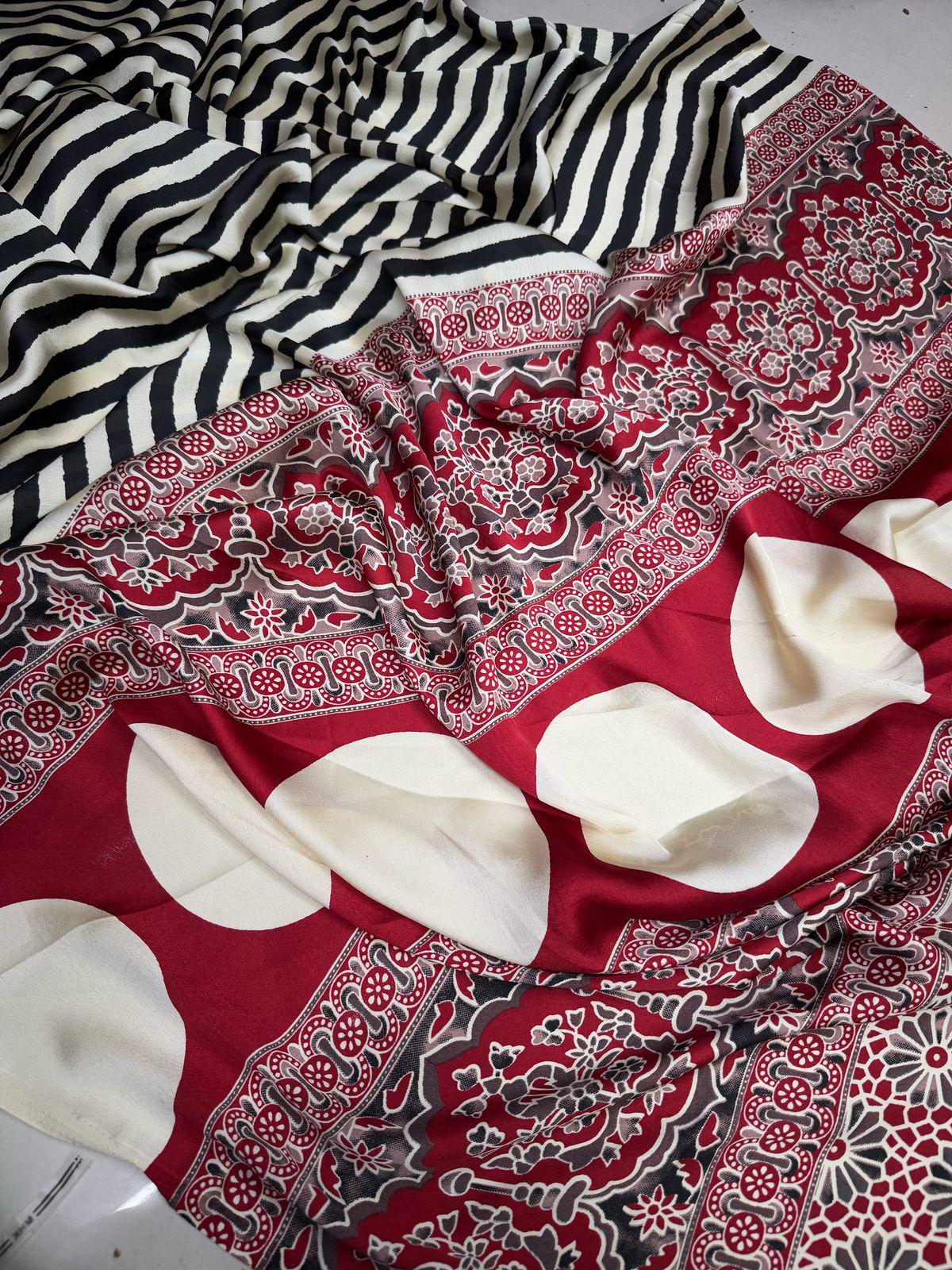 Marvellous Off White Digital Printed Crape Silk Saree With Phenomenal Blouse Piece