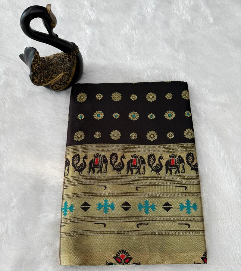 Enamoring Black Paithani Silk Saree With Ethereal Blouse Piece