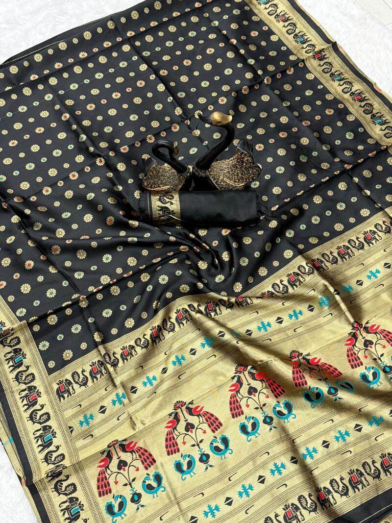 Enamoring Black Paithani Silk Saree With Ethereal Blouse Piece