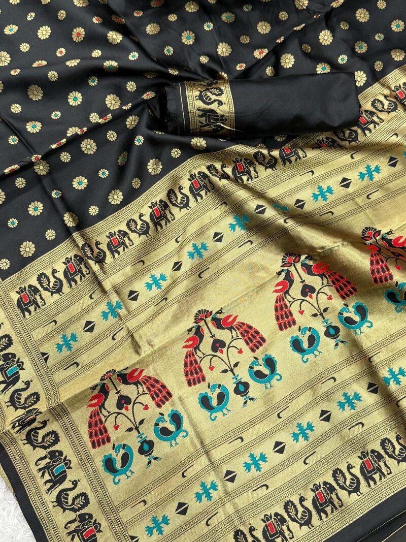 Enamoring Black Paithani Silk Saree With Ethereal Blouse Piece