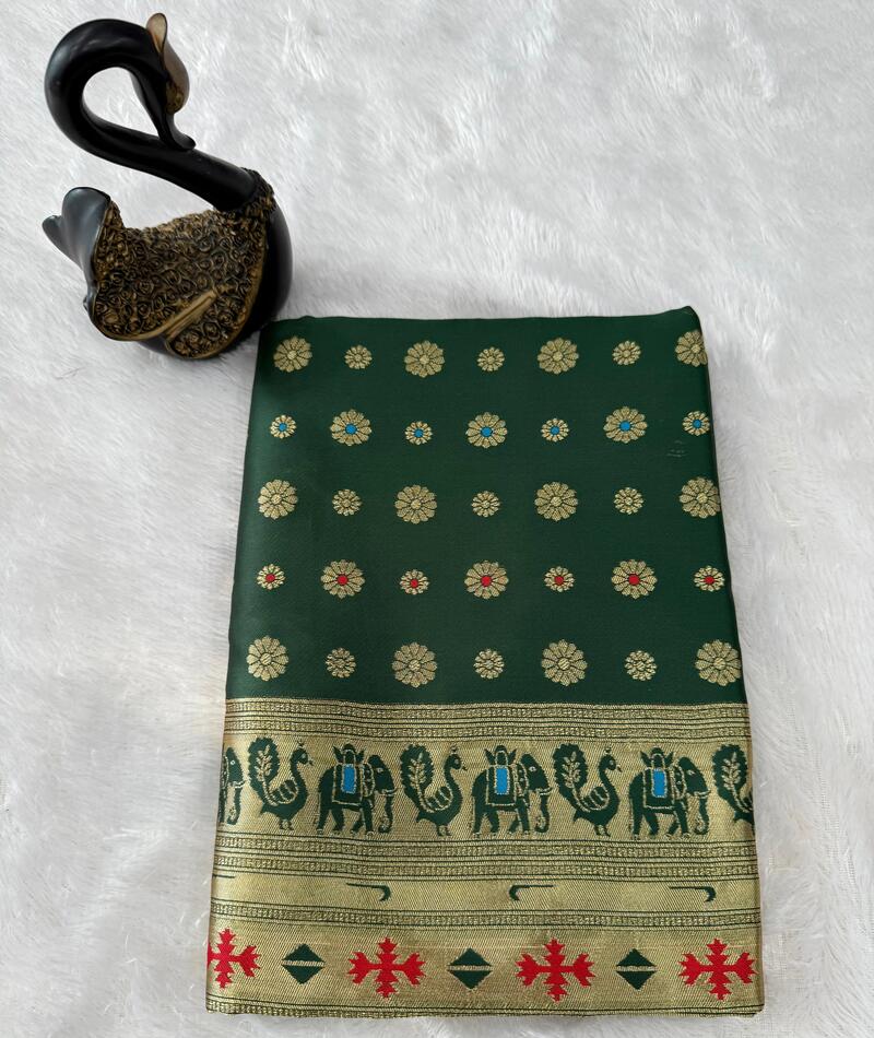Stunning Dark Green Paithani Silk Saree With Seraglio Blouse Piece