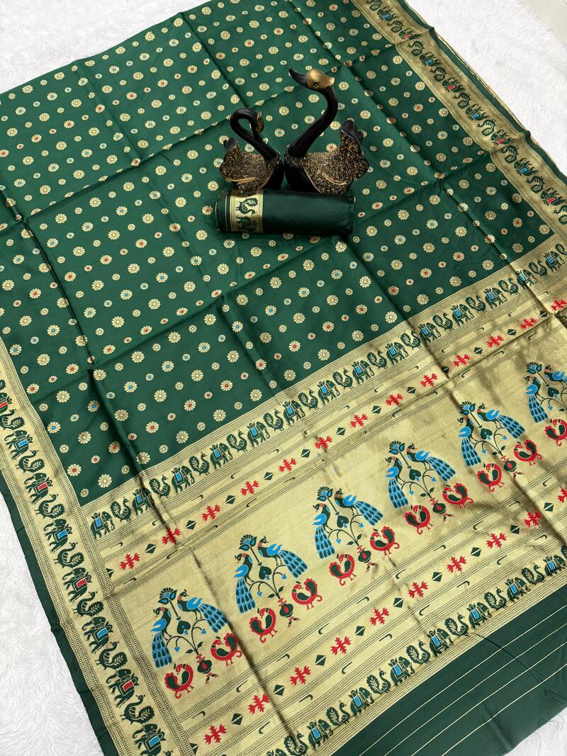 Stunning Dark Green Paithani Silk Saree With Seraglio Blouse Piece
