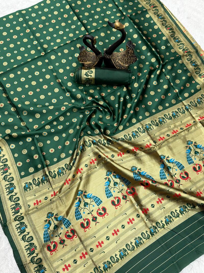 Stunning Dark Green Paithani Silk Saree With Seraglio Blouse Piece