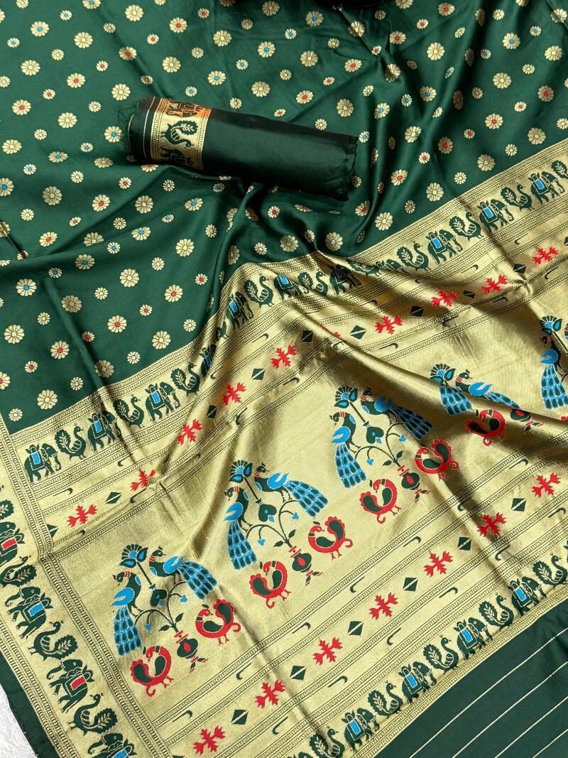 Stunning Dark Green Paithani Silk Saree With Seraglio Blouse Piece