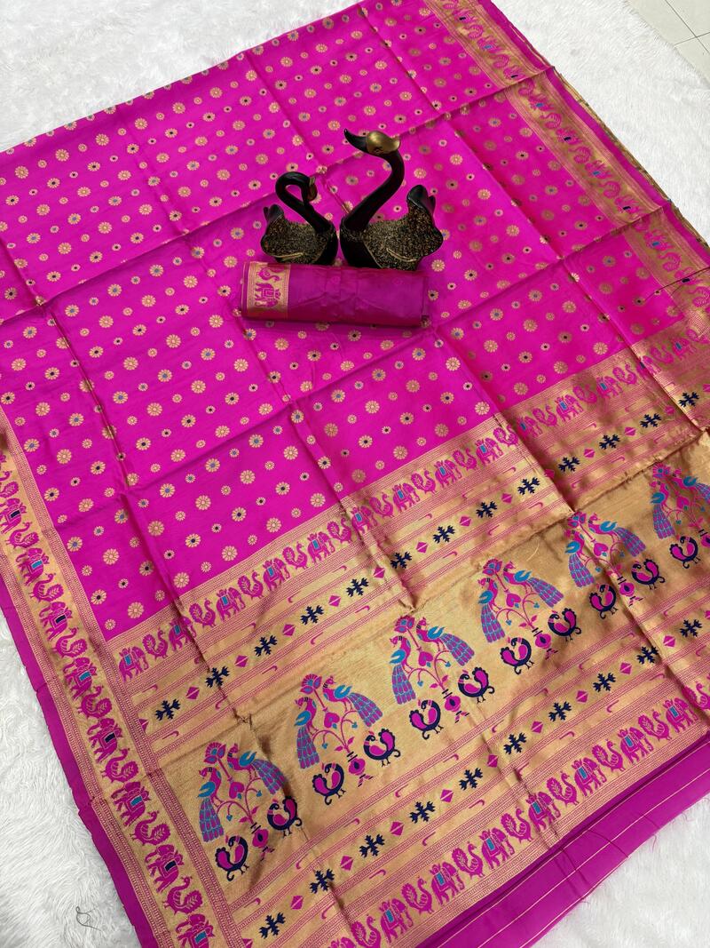 Dulcet Dark Pink Paithani Silk Saree With Charming Blouse Piece