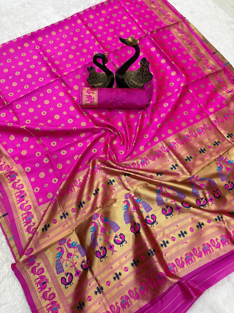 Dulcet Dark Pink Paithani Silk Saree With Charming Blouse Piece