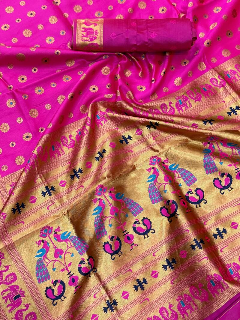 Dulcet Dark Pink Paithani Silk Saree With Charming Blouse Piece