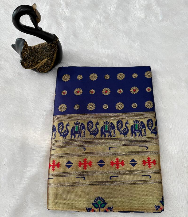 Splendorous Navy Blue Paithani Silk Saree With Sonorous Blouse Piece