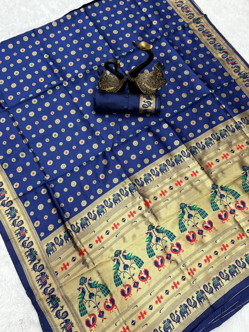 Splendorous Navy Blue Paithani Silk Saree With Sonorous Blouse Piece