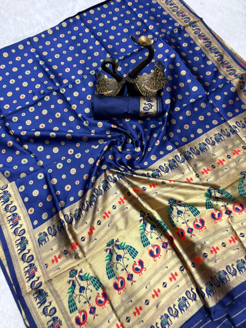 Splendorous Navy Blue Paithani Silk Saree With Sonorous Blouse Piece