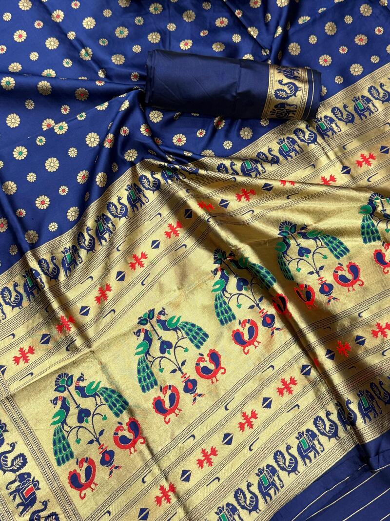 Splendorous Navy Blue Paithani Silk Saree With Sonorous Blouse Piece