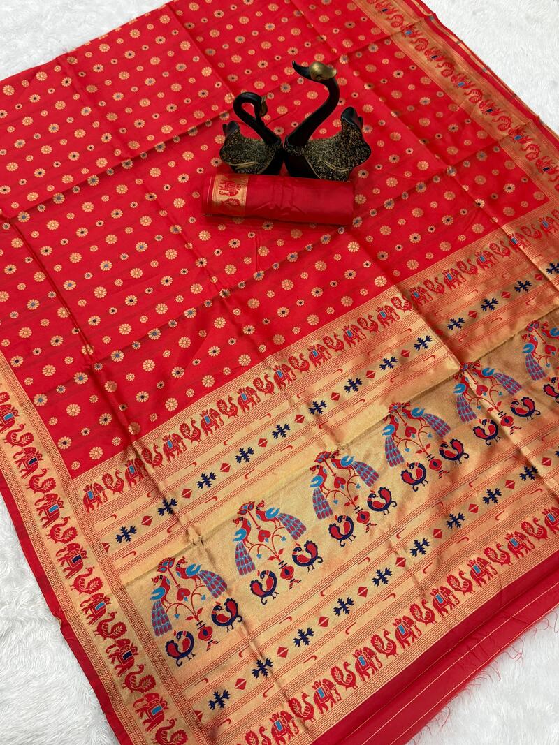 Alluring Red Paithani Silk Saree With Radiant Blouse Piece