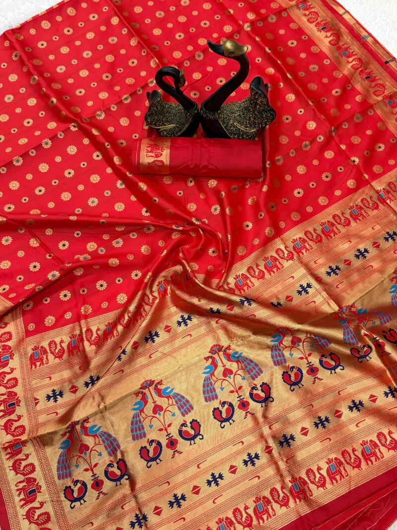 Alluring Red Paithani Silk Saree With Radiant Blouse Piece