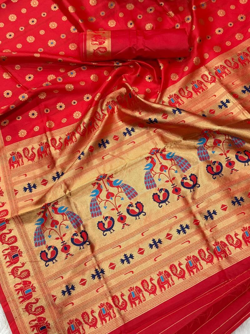 Alluring Red Paithani Silk Saree With Radiant Blouse Piece
