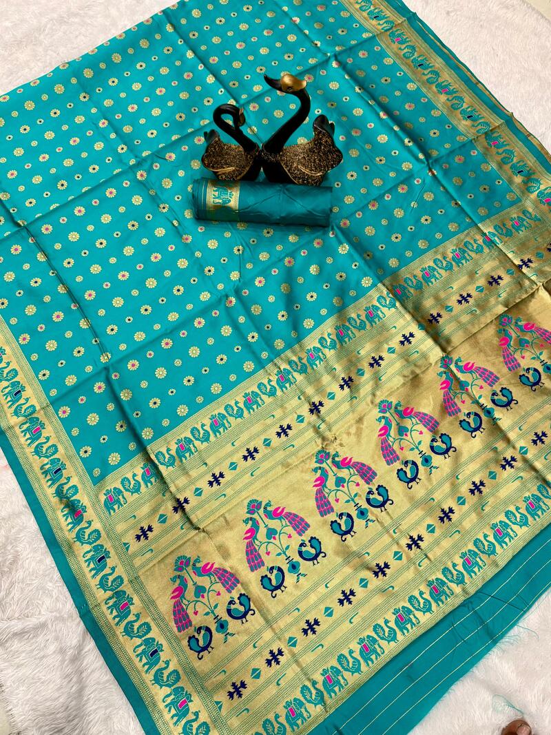 Eclat Turquoise Paithani Silk Saree With Flameboyant Blouse Piece