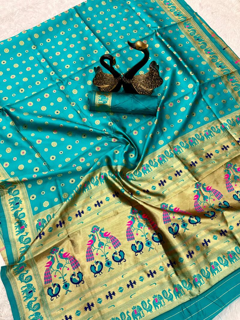 Eclat Turquoise Paithani Silk Saree With Flameboyant Blouse Piece