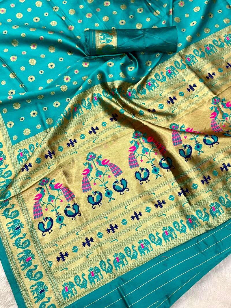 Eclat Turquoise Paithani Silk Saree With Flameboyant Blouse Piece