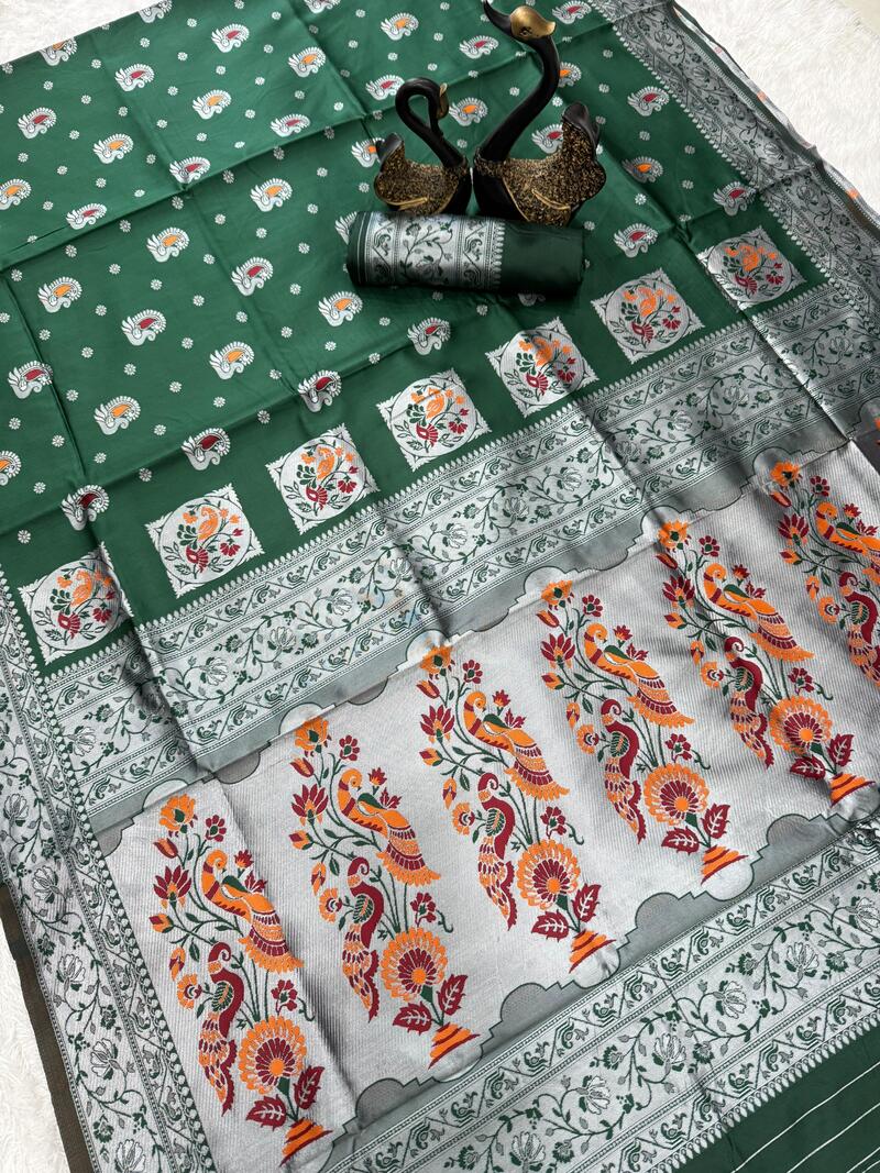 Proficient Dark Green Paithani Silk Saree With Adorable Blouse Piece