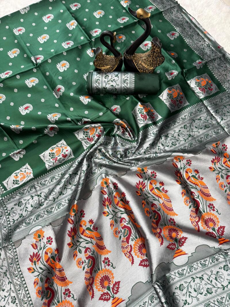 Proficient Dark Green Paithani Silk Saree With Adorable Blouse Piece