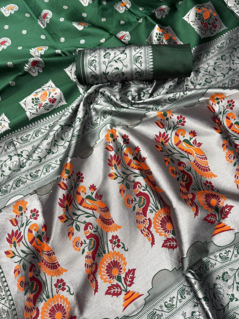 Proficient Dark Green Paithani Silk Saree With Adorable Blouse Piece