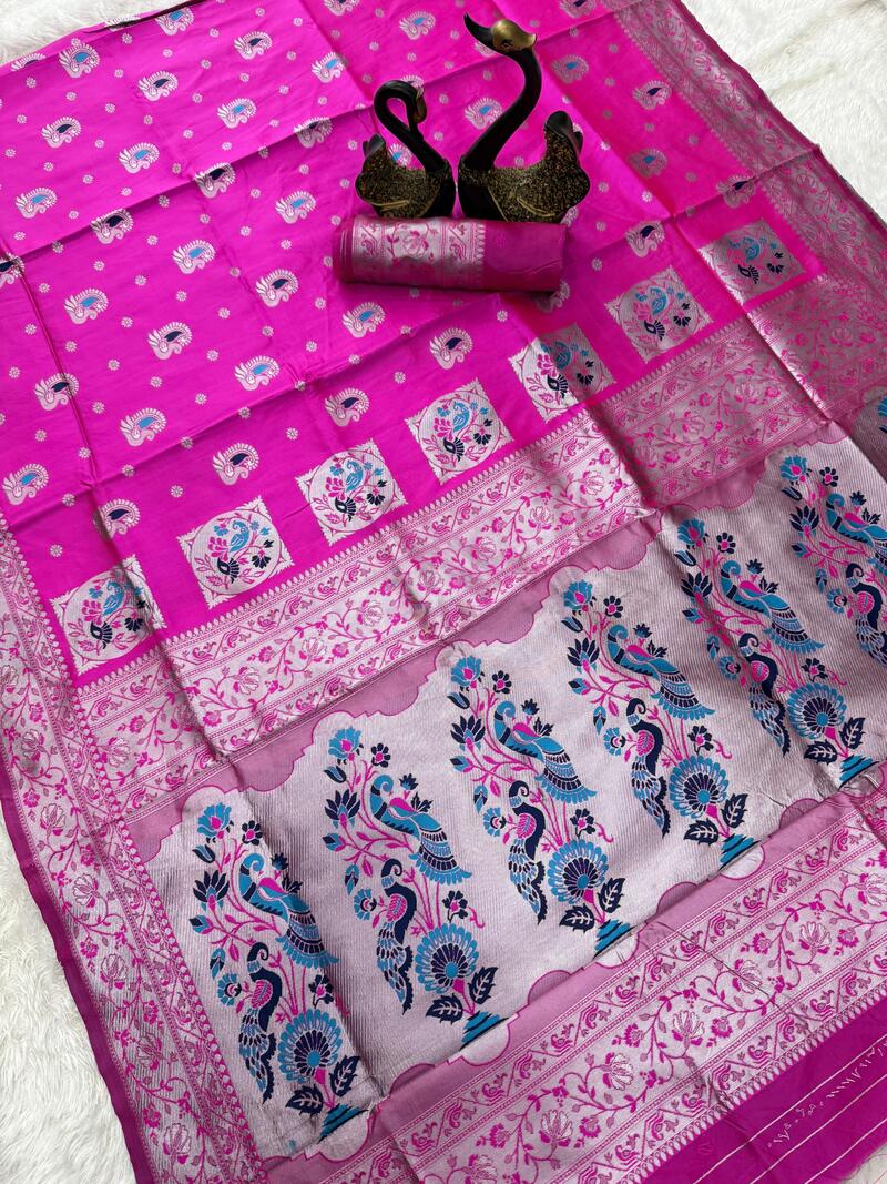 Desultory Dark Pink Paithani Silk Saree With Gorgeous Blouse Piece