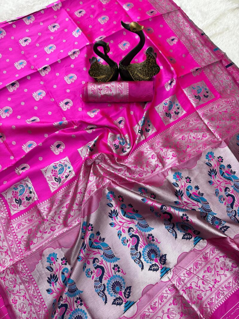 Desultory Dark Pink Paithani Silk Saree With Gorgeous Blouse Piece