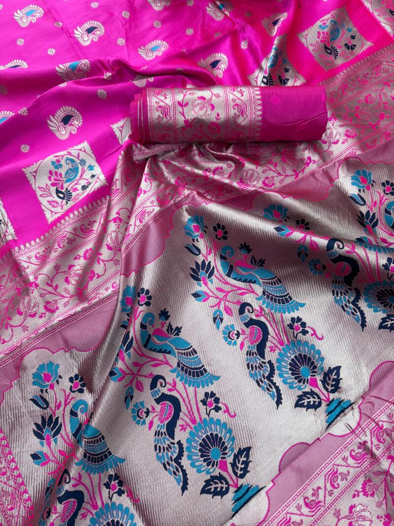 Desultory Dark Pink Paithani Silk Saree With Gorgeous Blouse Piece