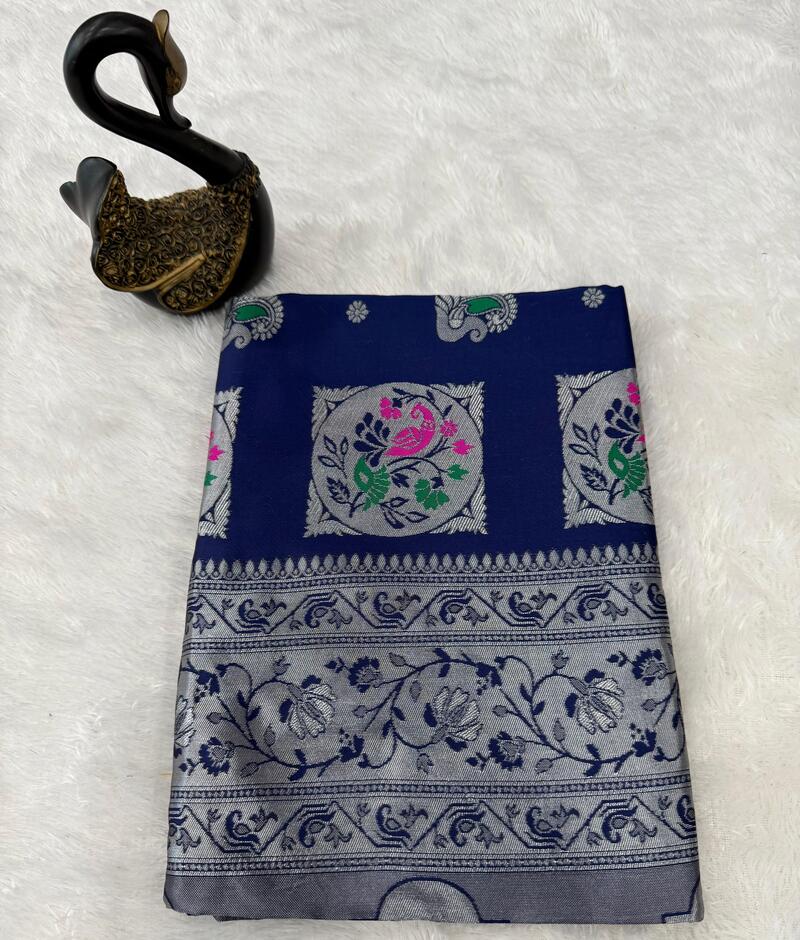 Evanescent Navy Blue Paithani Silk Saree With Most Stunning Blouse Piece
