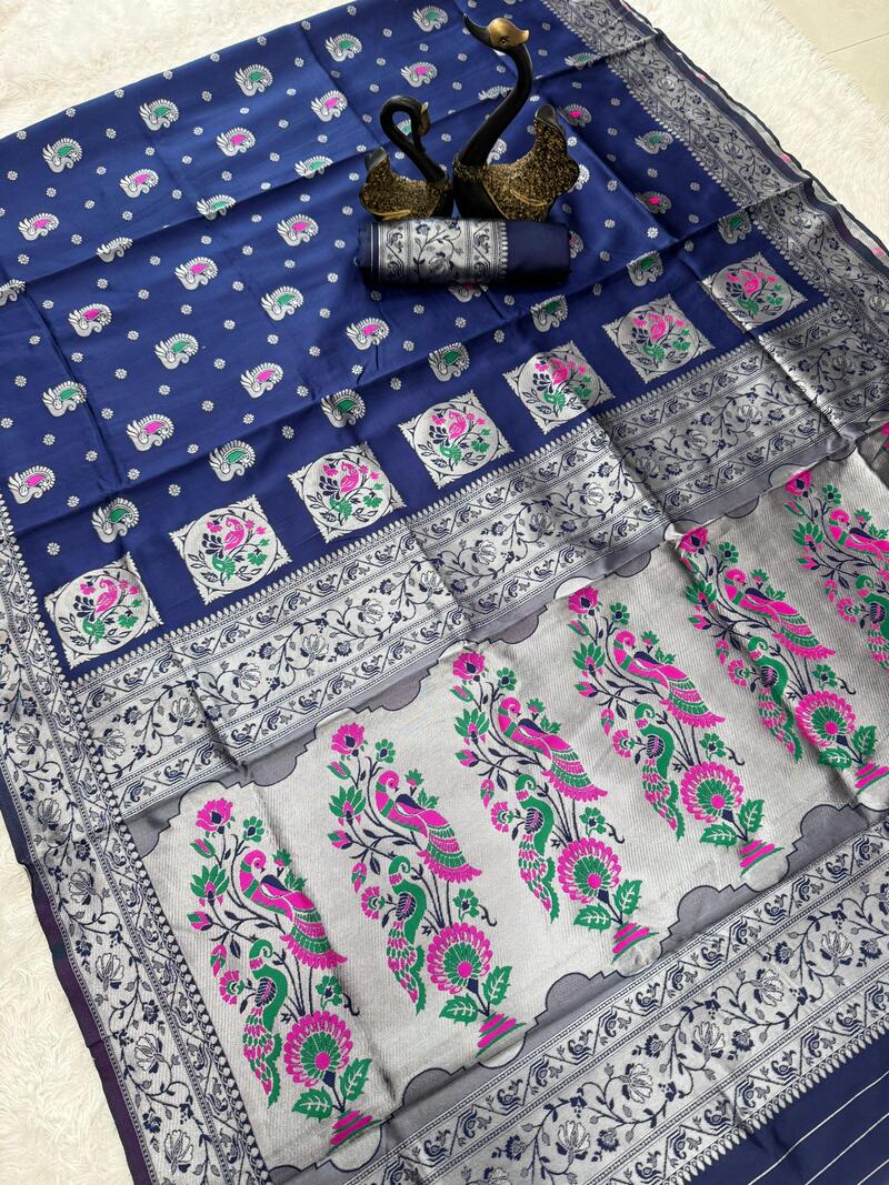 Evanescent Navy Blue Paithani Silk Saree With Most Stunning Blouse Piece