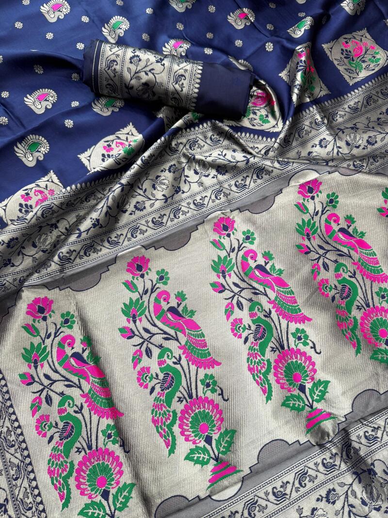 Evanescent Navy Blue Paithani Silk Saree With Most Stunning Blouse Piece