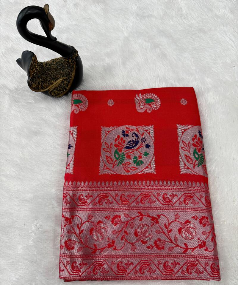 Girlish Red Paithani Silk Saree With Palimpsest Blouse Piece