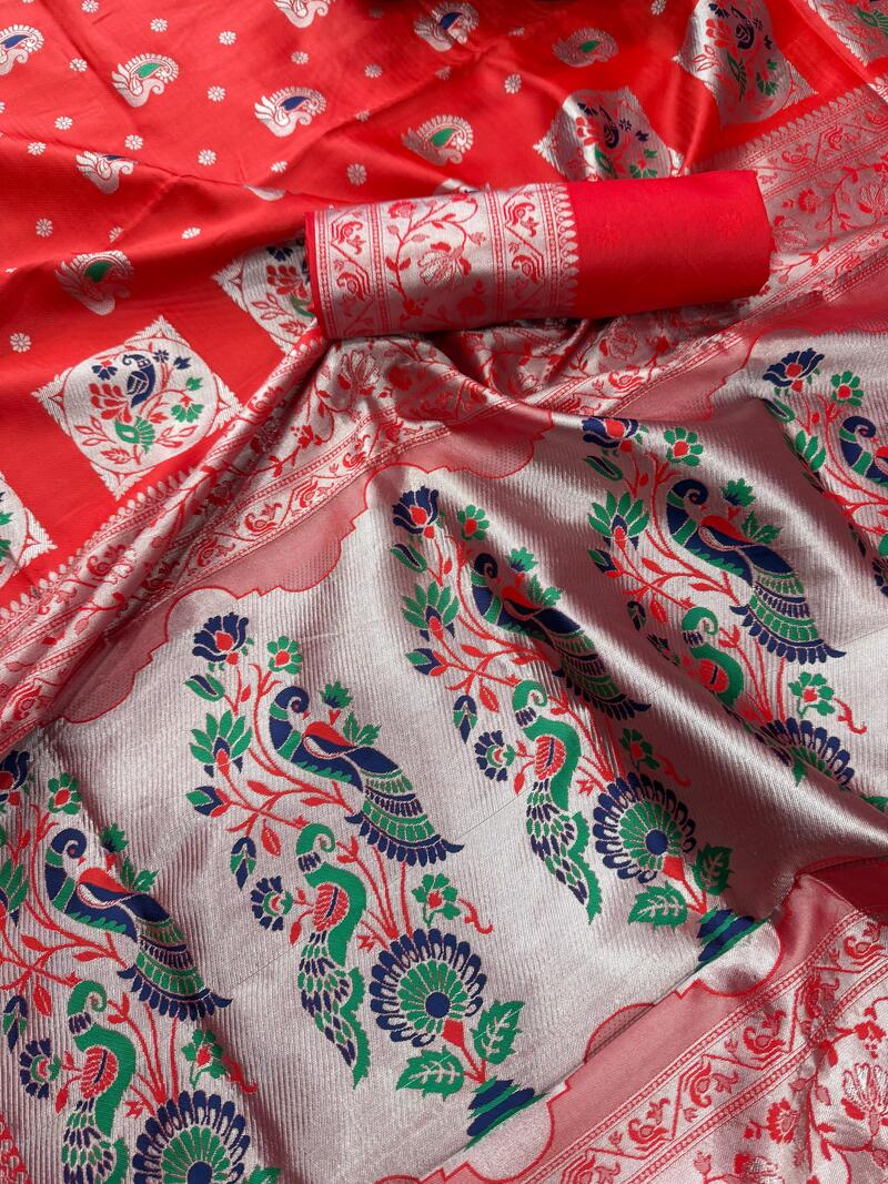 Girlish Red Paithani Silk Saree With Palimpsest Blouse Piece