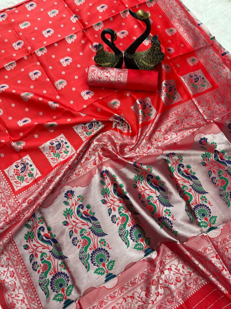 Girlish Red Paithani Silk Saree With Palimpsest Blouse Piece