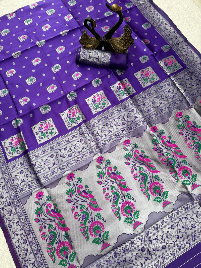 Sensational Violet Paithani Silk Saree With Magnificat Blouse Piece