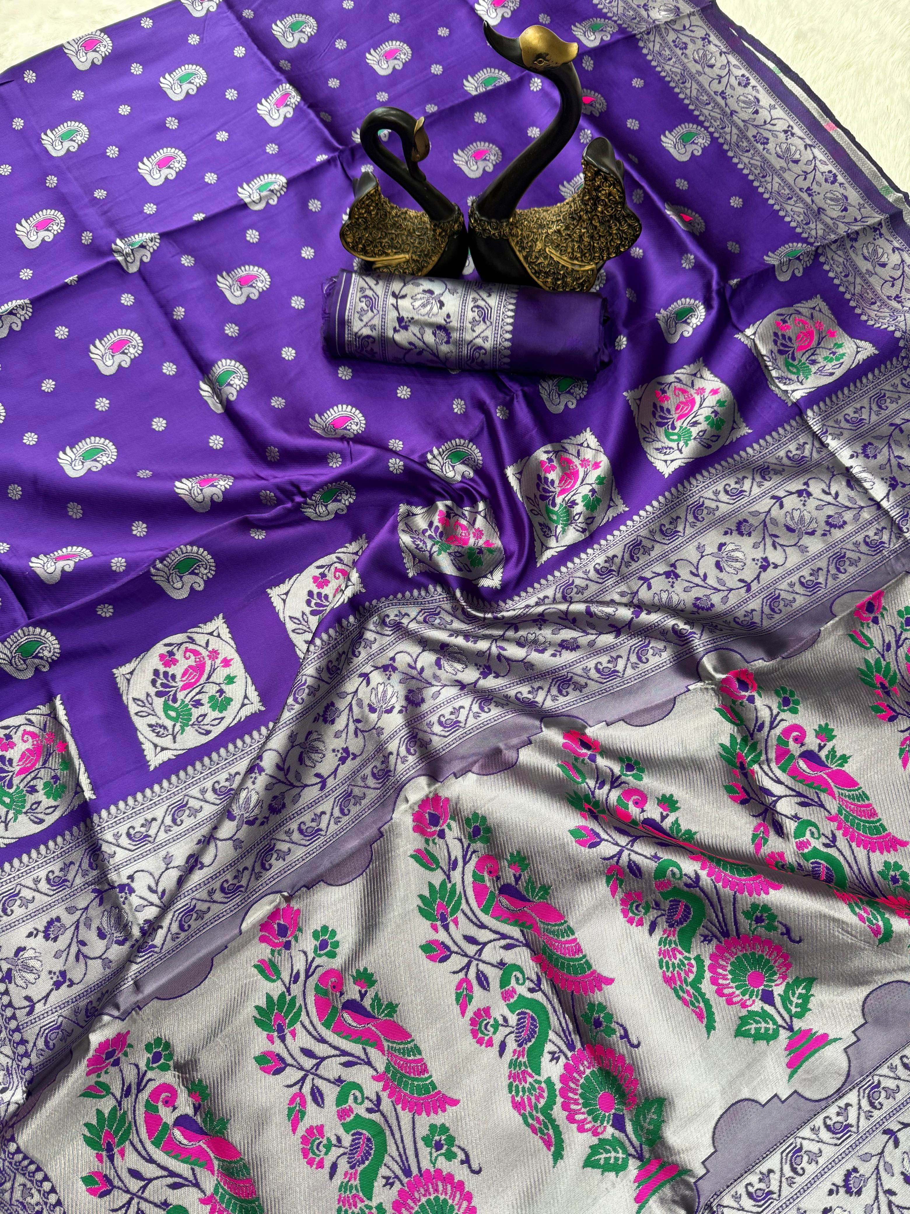 Sensational Violet Paithani Silk Saree With Magnificat Blouse Piece
