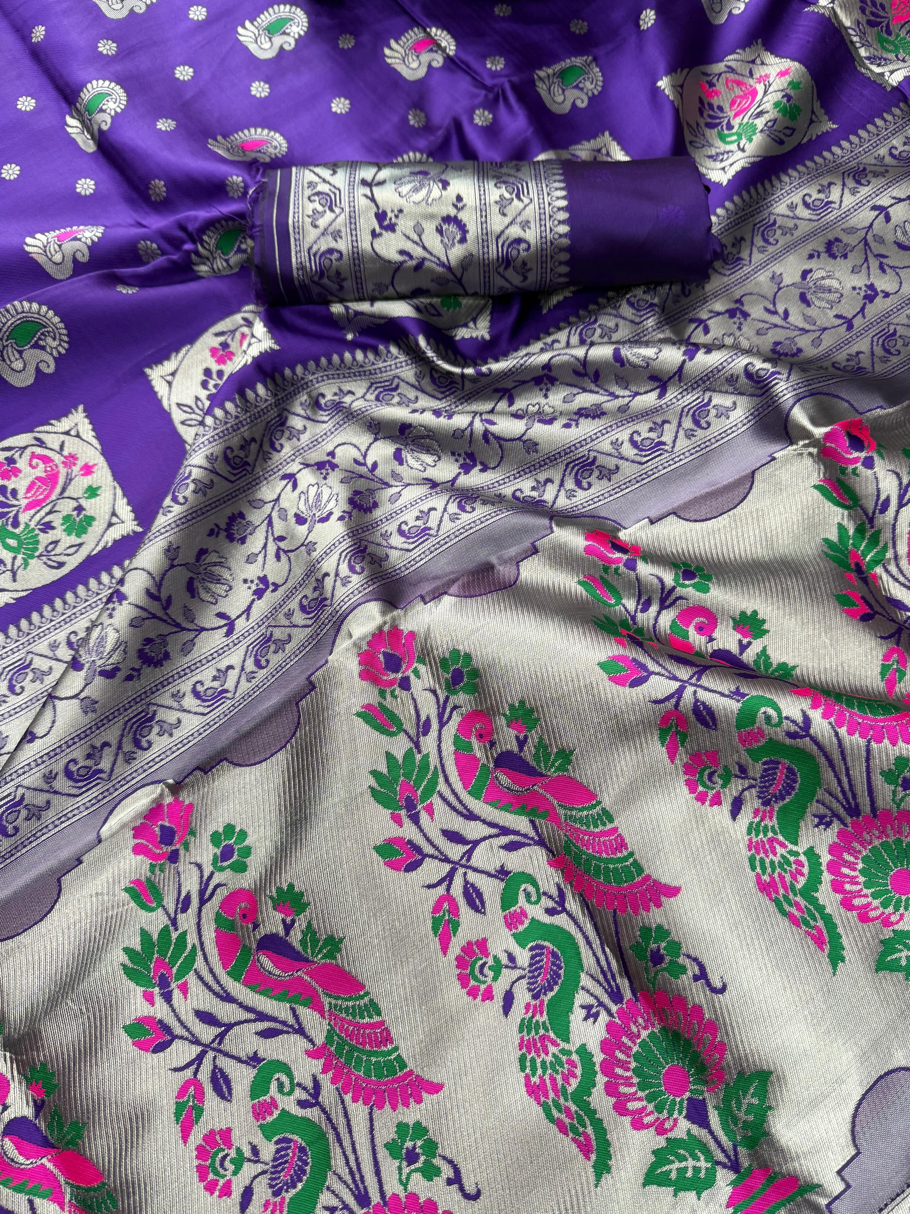 Sensational Violet Paithani Silk Saree With Magnificat Blouse Piece