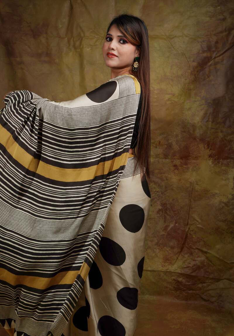 Embrocation Beige Digital Printed Crape Silk Saree With Super extravagant Blouse Piece