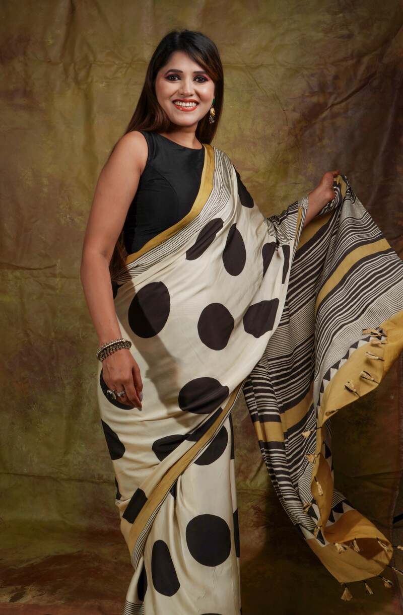 Embrocation Beige Digital Printed Crape Silk Saree With Super extravagant Blouse Piece