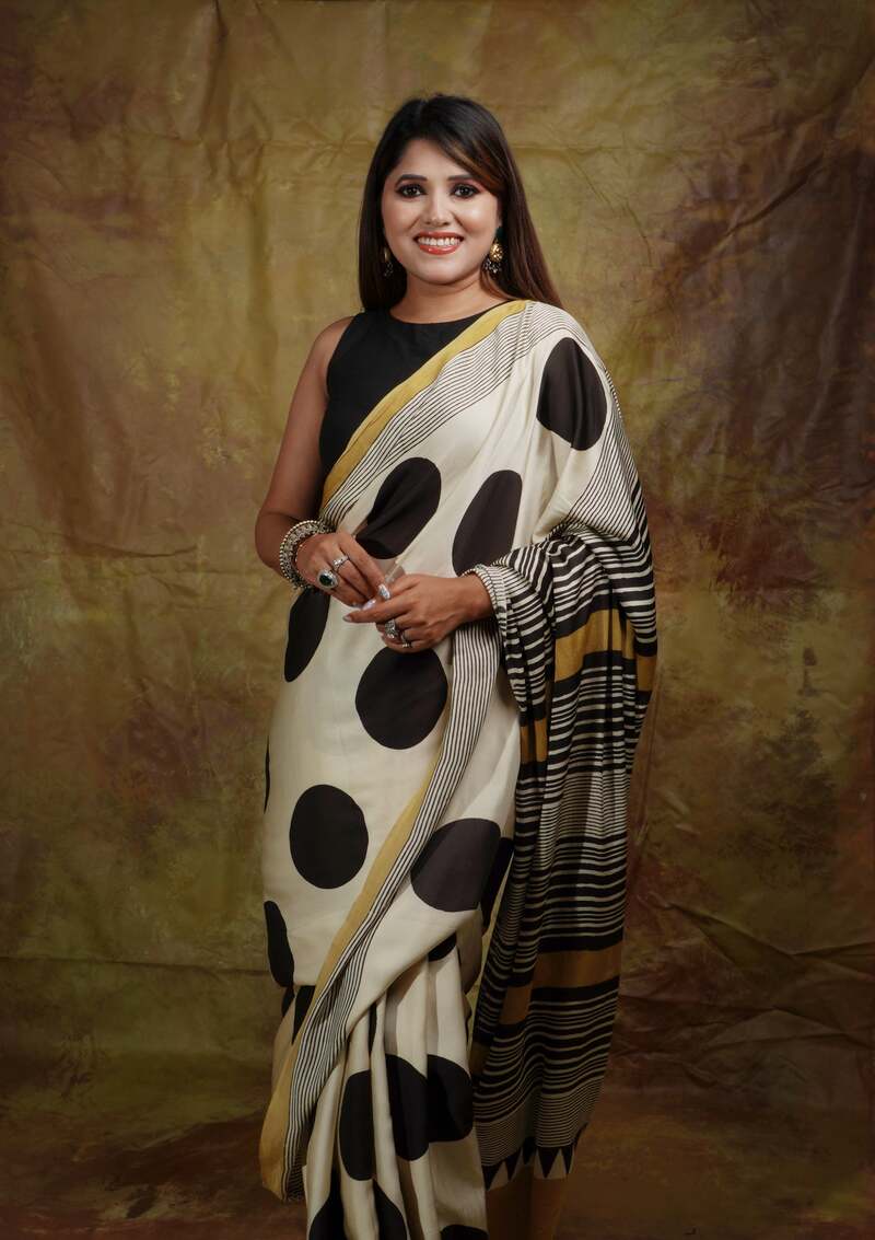 Embrocation Beige Digital Printed Crape Silk Saree With Super extravagant Blouse Piece