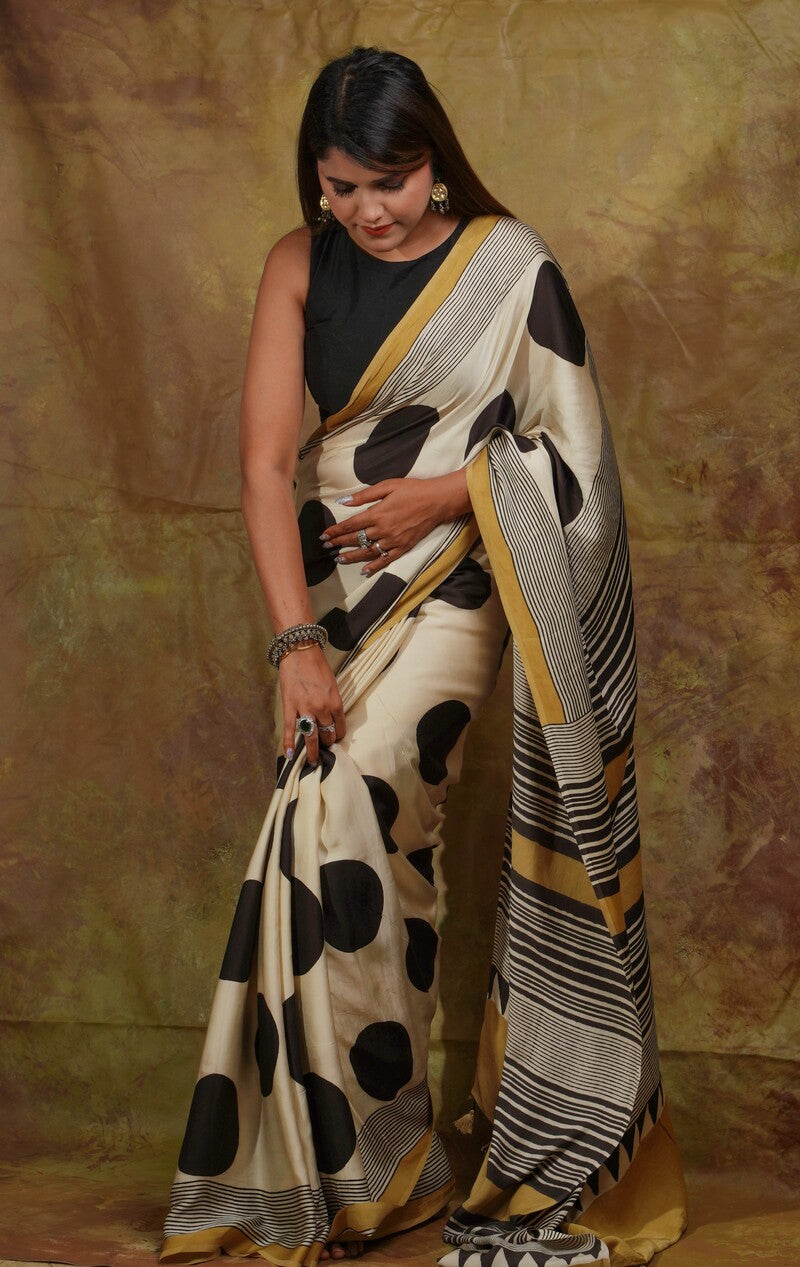 Embrocation Beige Digital Printed Crape Silk Saree With Super extravagant Blouse Piece