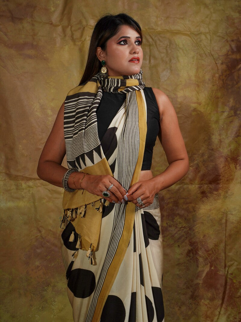 Embrocation Beige Digital Printed Crape Silk Saree With Super extravagant Blouse Piece
