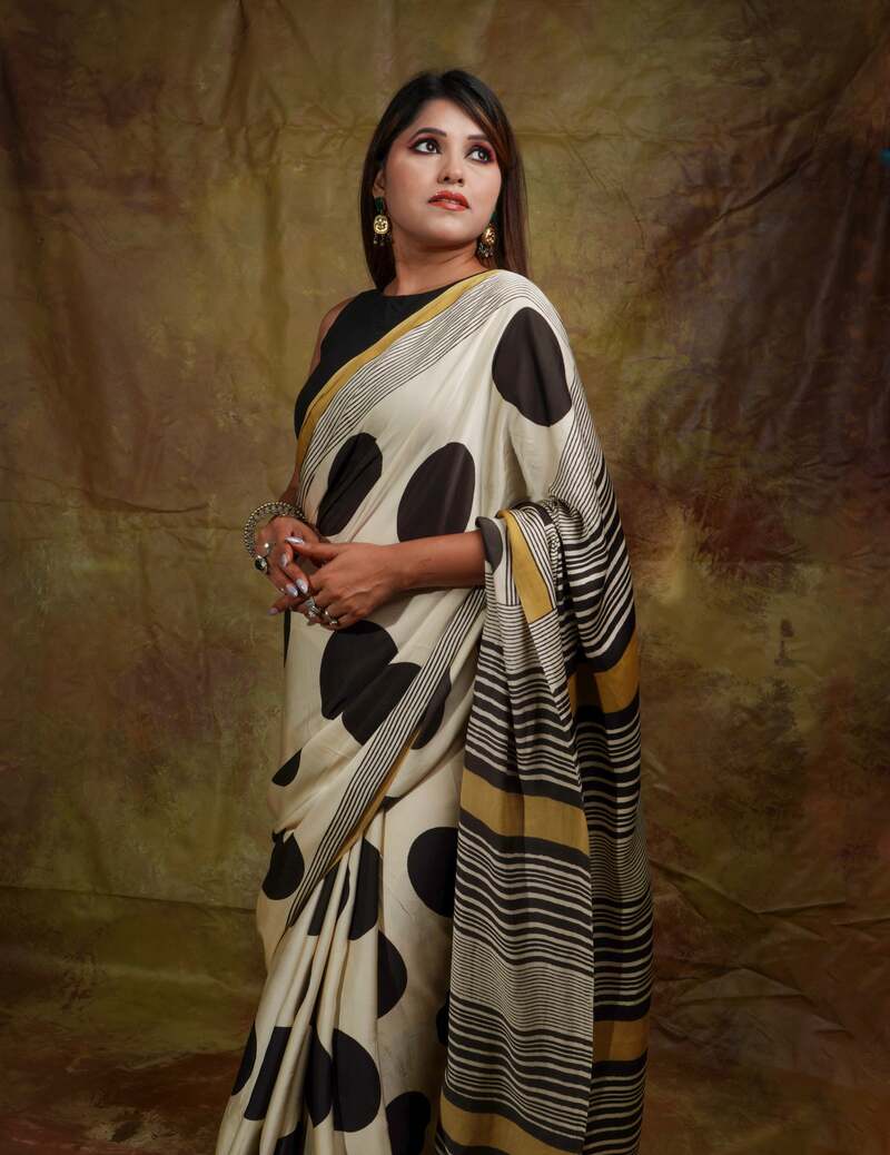 Embrocation Beige Digital Printed Crape Silk Saree With Super extravagant Blouse Piece