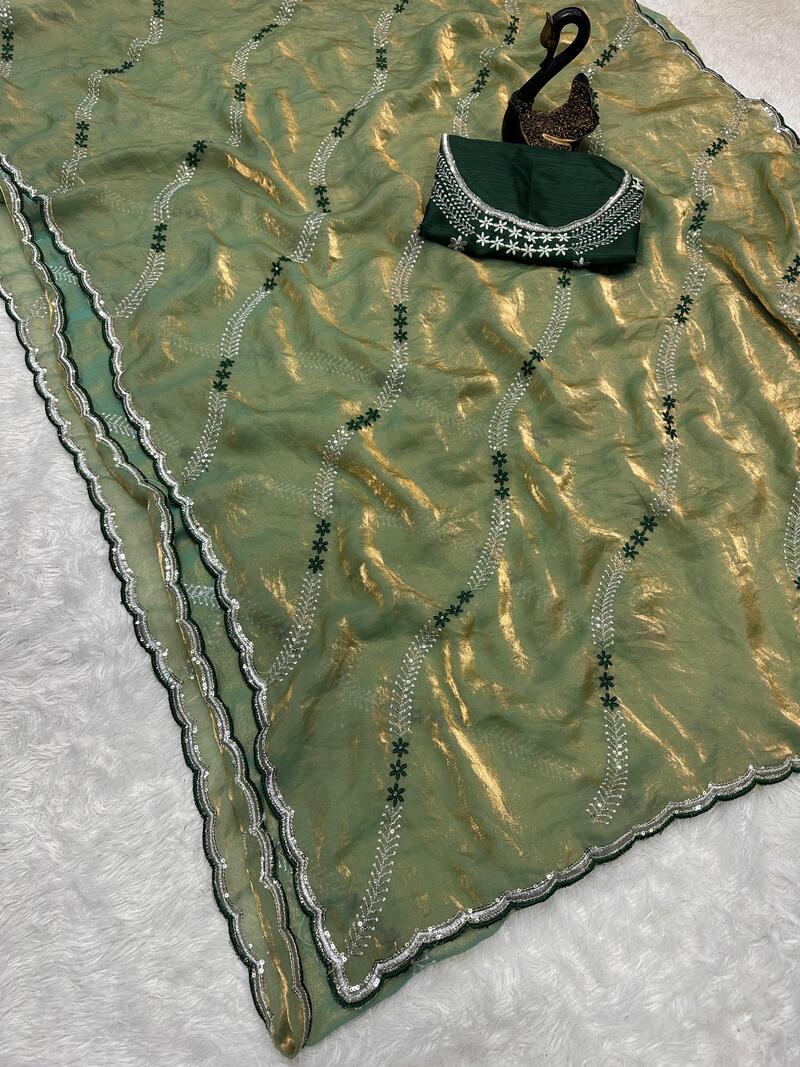 Elaborate Green Sequence Work Fandy Silk Saree With Gleaming Blouse Piece