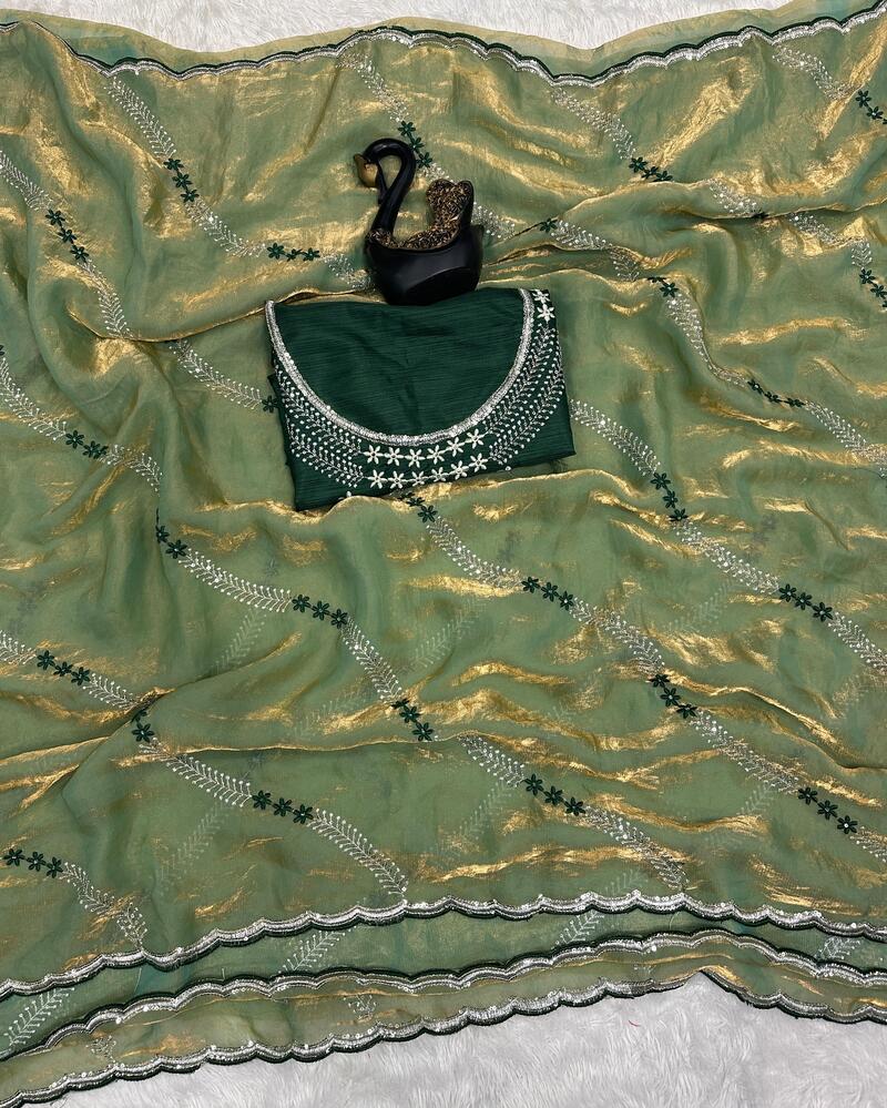 Elaborate Green Sequence Work Fandy Silk Saree With Gleaming Blouse Piece