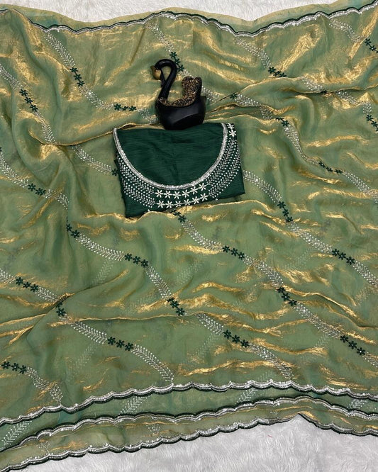 Elaborate Green Sequence Work Fandy Silk Saree With Gleaming Blouse Piece