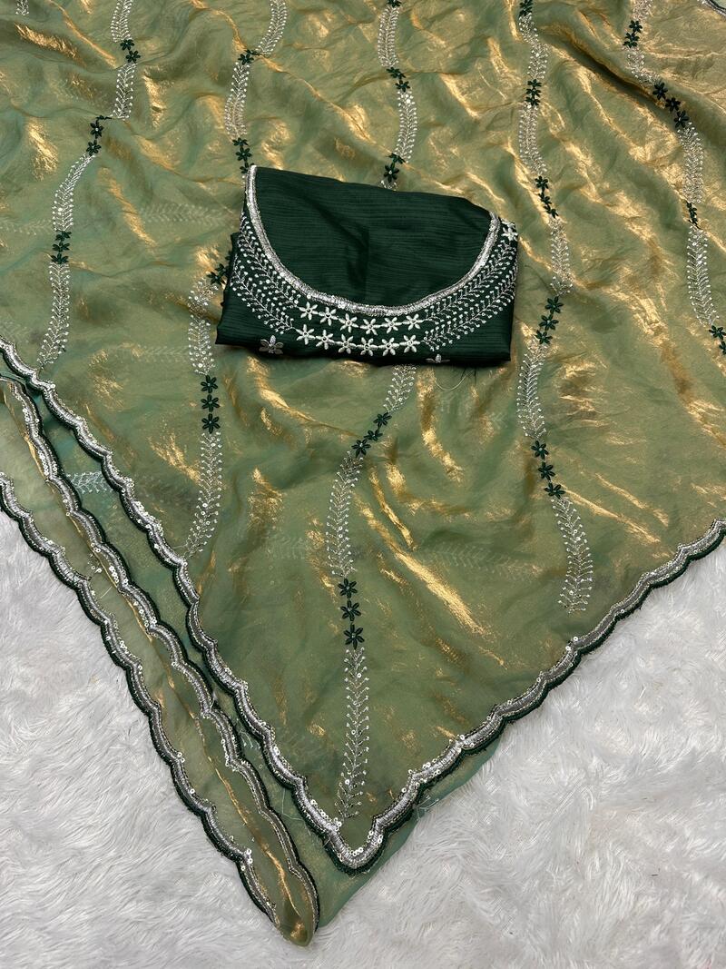 Elaborate Green Sequence Work Fandy Silk Saree With Gleaming Blouse Piece