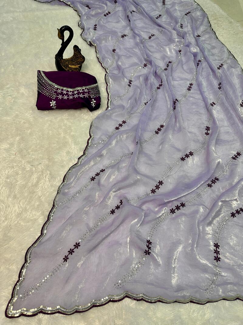 Dazzling Lavender Sequence Work Fandy Silk Saree With Pretty Blouse Piece